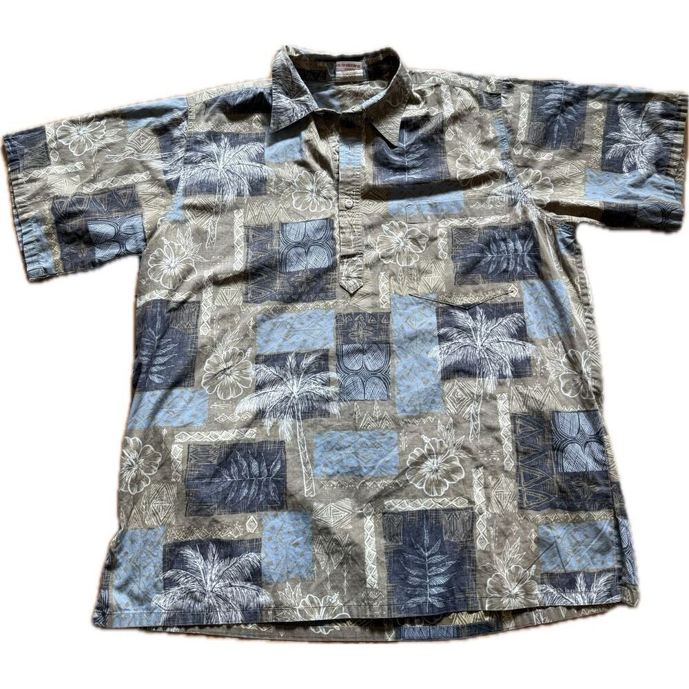 Go Barefoot Hawaiian Shirt Men’s L Palm Tree Hibiscus Flower Blue Grey